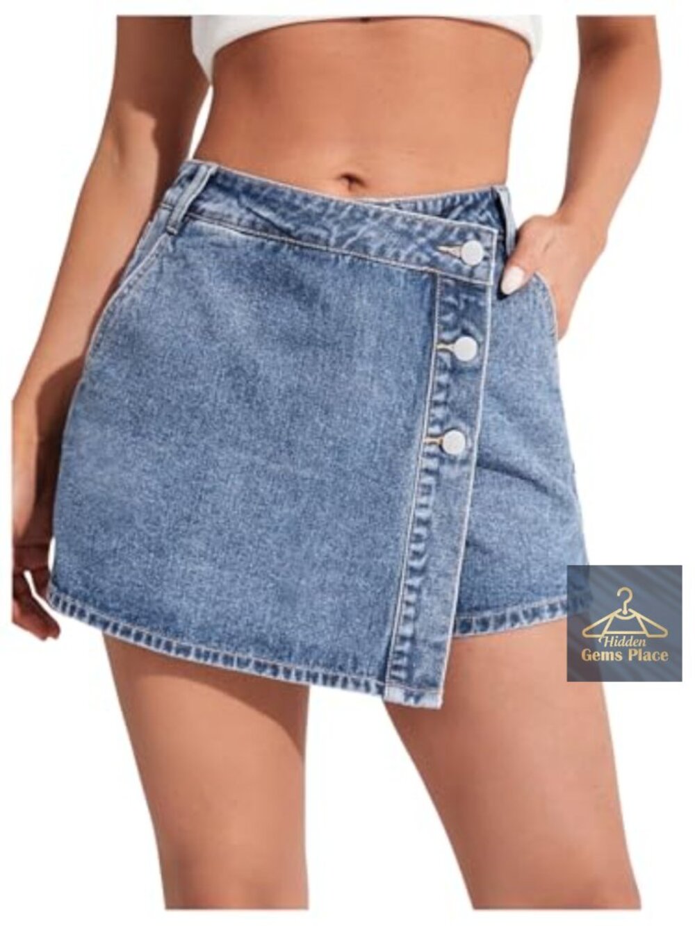 High Waisted Button Denim Skort Asymmetrical Hem A-Line Jean Skirt